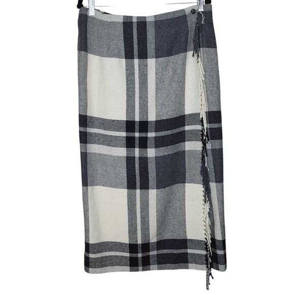 Worthington Gray Cream Plaid Fringe Wool Blend Wrap Maxi Skirt Size 16 Academia - Picture 2 of 10
